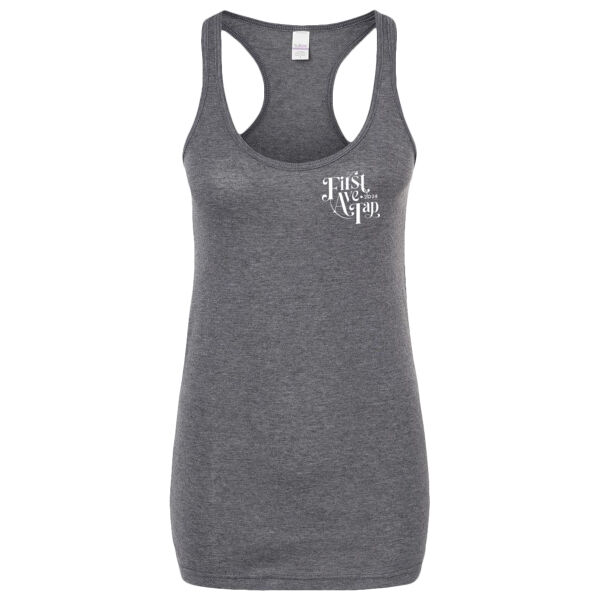 1st Avenue Tap- Women's Poly-Rich Racerback Tank Top- Heather Grey Thumbnail